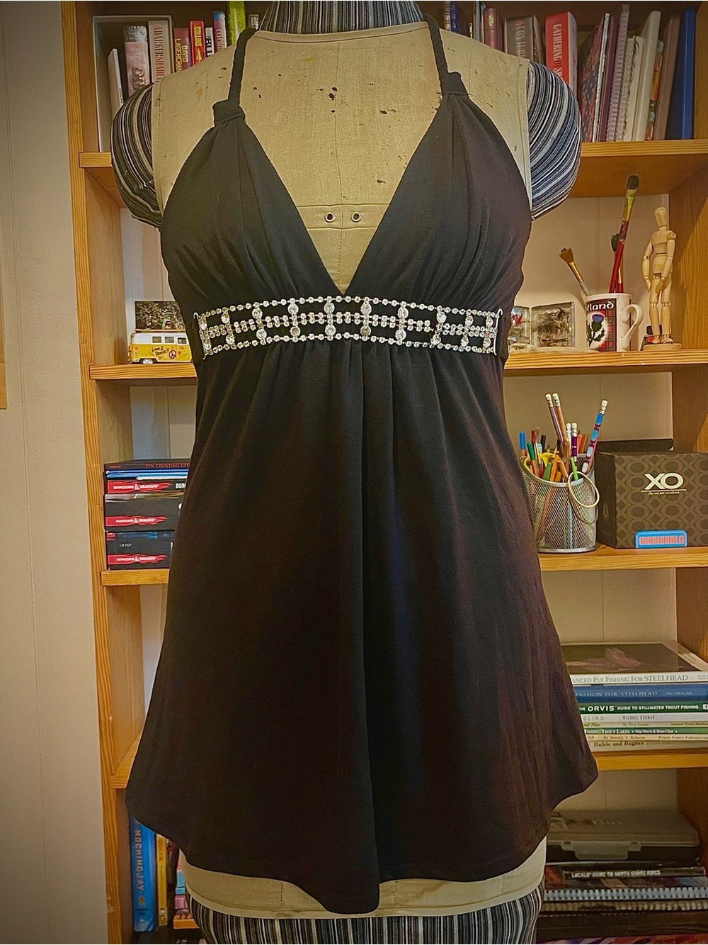 Black Embellished Halter Empire-Waist Dress